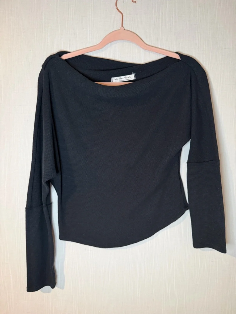 Free People Fuji Thermal‎ Off-Shoulder Black Waffle Knit Top Medium